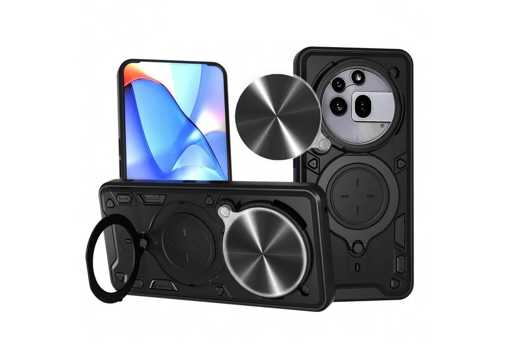 Wigento Handyhülle Für Nothing Phone 3a Pro Textur Sliding Kamera TPU Hülle Ring Schwarz, CD Texture, Schiebekameraabdeckung, Magnetischer Halter