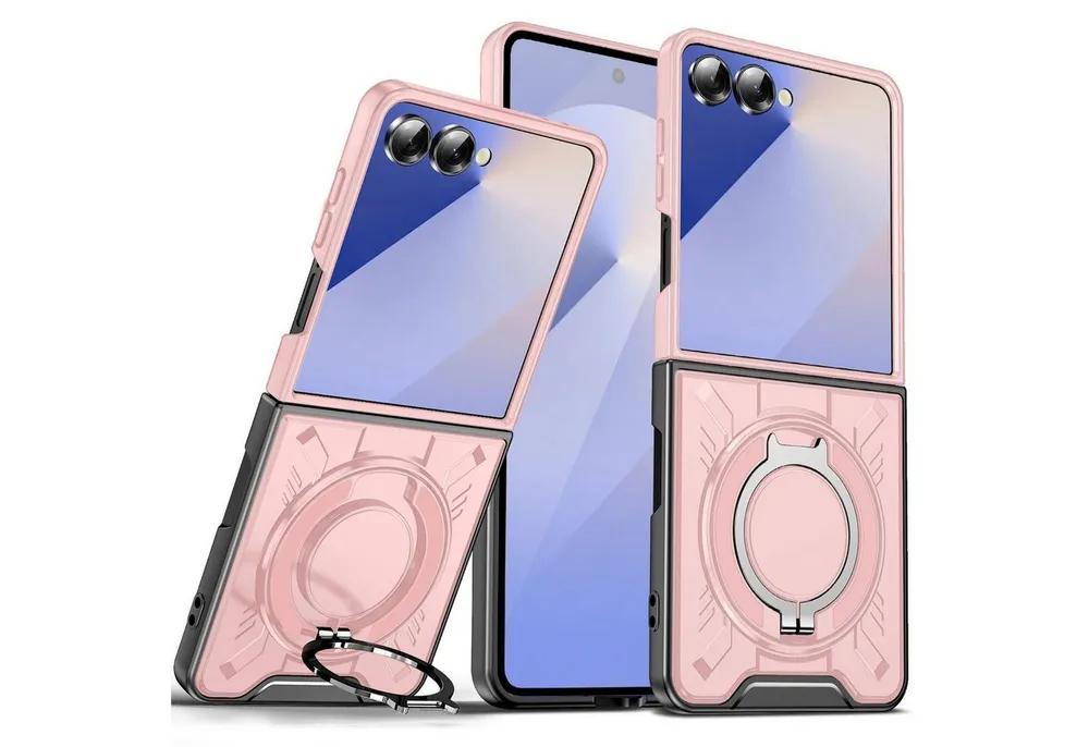 Wigento Handyhülle Für Samsung Galaxy Z Flip7 5G MagSafe 360 Grad Ringhalter Hülle Rosa, MagSafe Hülle mit integriertem Ringhalter und Schutzkante