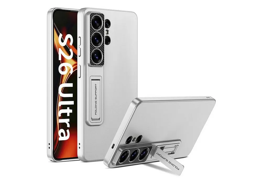 Wigento Handyhülle Für Samsung Galaxy S26 Ultra 5G Ständer Schutz Handy Hülle Silber, Stoßfeste Hülle mit Aufstellfunktion