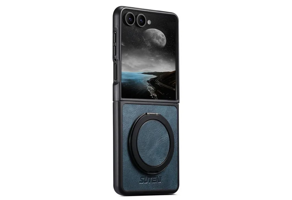 Wigento Handyhülle Für Samsung Galaxy Z Flip7 Suteni MagSafe 360 Grad Ring Hülle Blau, Kunstleder Hülle mit 360° Drehhalter und MagSafe-Funktion