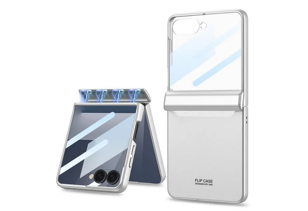 Wigento Handyhülle für Samsung Galaxy Z Flip7 Full Displayschutz Magnetische Hülle Silber, Flip Hülle mit HD-Schutzfilm und Magnetverschluss
