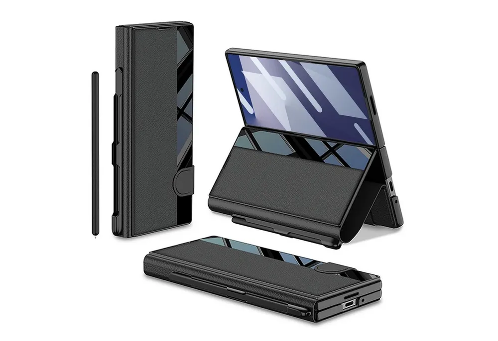 Wigento Handyhülle Für Samsung Galaxy Z Fold7 Integrierte Flip Hülle Stifthalter Schwarz, Flip Hülle mit Stifthalter und Standfunktion