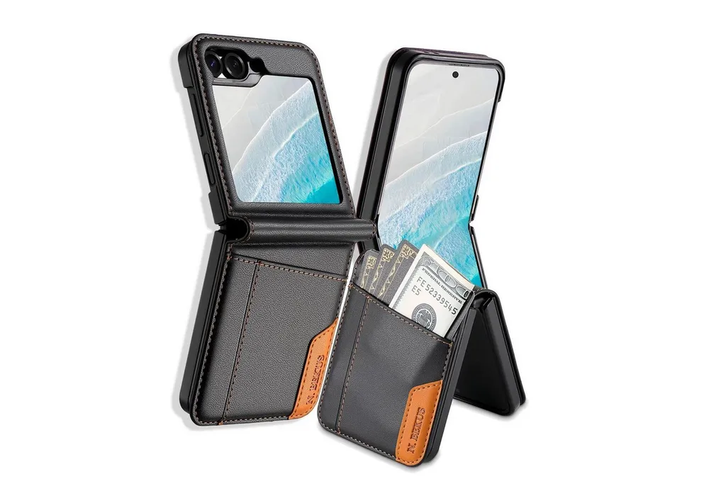 Wigento Handyhülle Für Samsung Galaxy Z Flip7 FE / Flip6 Leder RFID Schutz Hülle Schwarz, RFID Flip Hülle mit Kartenfächern und Ständerfunktion