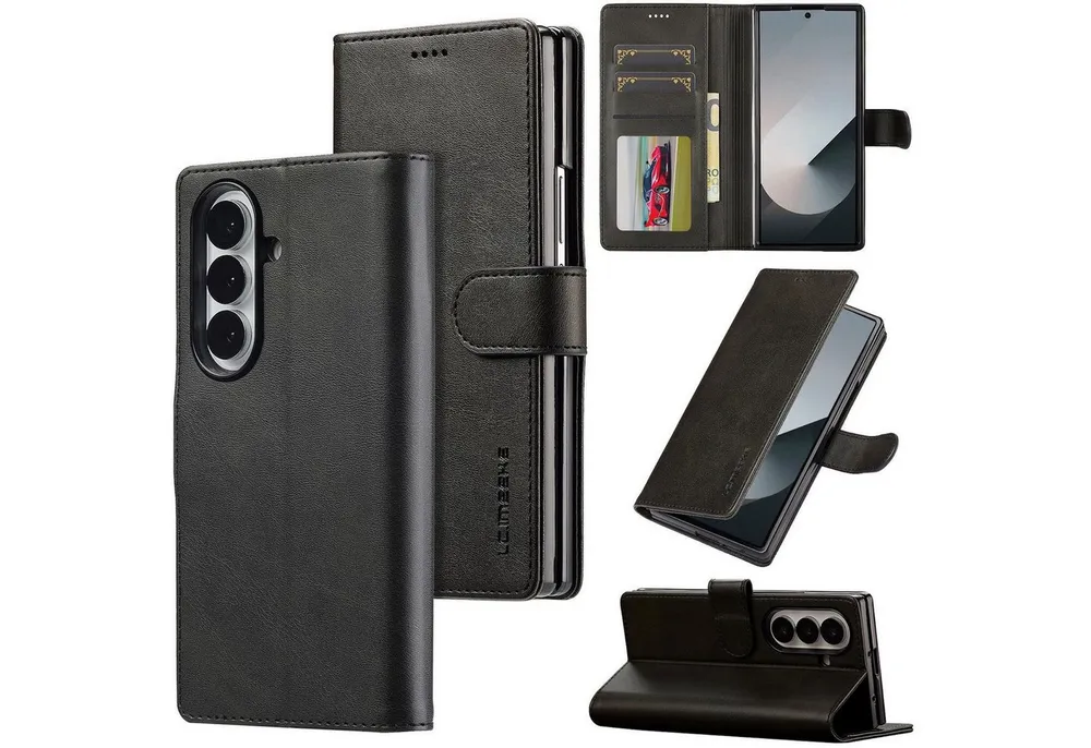 Wigento Handyhülle Für Samsung Galaxy Z Fold7 LC.IMEEKE Kunstleder Premium Hülle Schwarz, Wallet Case mit Kartenfächern und Standfunktion