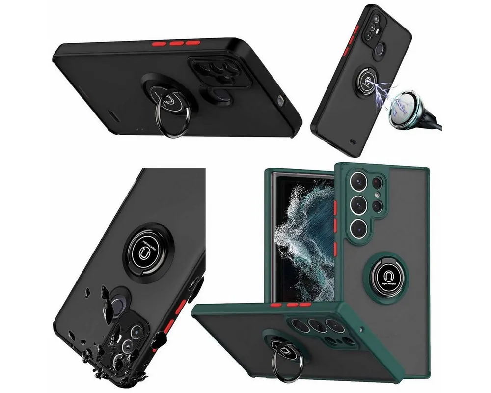 Wigento Handyhülle Für Samsung Galaxy S23 Ultra TPU / PC Design Ring Cover Handy Tasche Hülle Schutz Etuis Dunkel Grün Neu