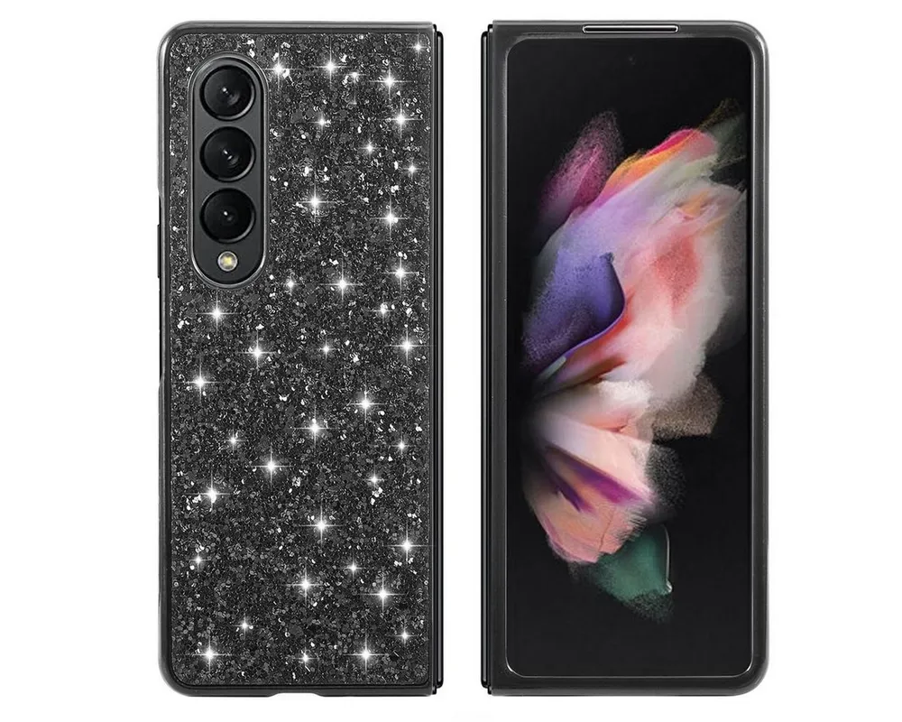 Wigento Handyhülle Für Samsung Galaxy Z Fold4 5G Glitzer Diamant Design Kunststoff TPU Cover Handy Tasche Hülle Etuis Schwarz