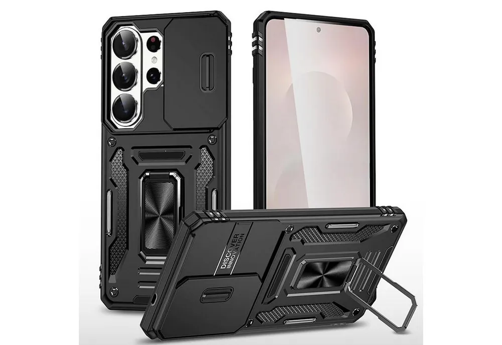 Wigento Handyhülle Für Samsung Galaxy S26 Ultra Sliding Kamera TPU PC Ring Hülle Schwarz, Schiebecover, stoßfest, mit Halterung