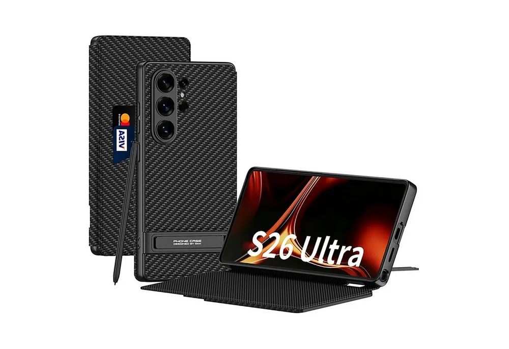 Wigento Handyhülle Für Samsung Galaxy S26 Ultra 5G Leder Tasche Book Hülle Carbon Schwarz 6.9, Kartenfächer, Standfunktion