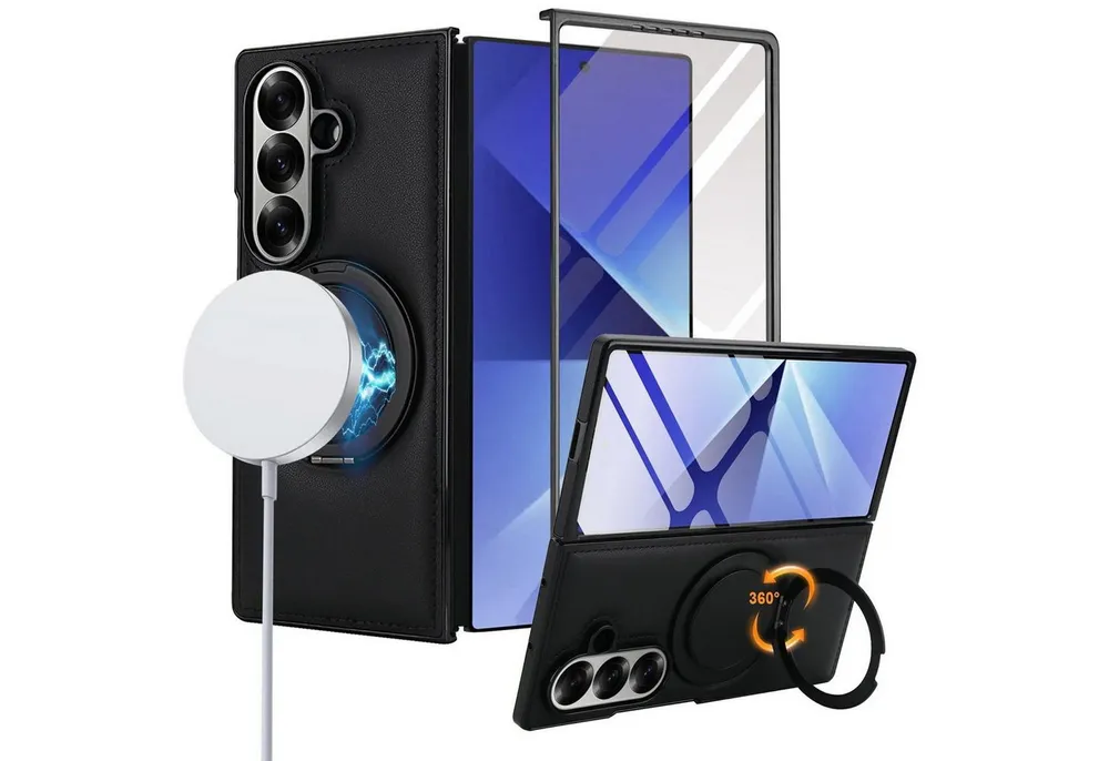 Wigento Handyhülle Für Samsung Galaxy Z Fold7 MagSafe integriertes Glas Hülle Schwarz, Lederhülle mit integriertem Schutzglas, Ringhalter und MagSafe