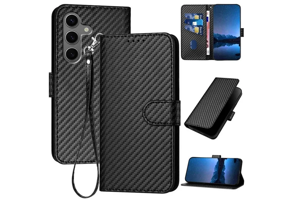 Wigento Handyhülle Für Samsung Galaxy S25 Plus Carbon Fiber Kunstleder Hülle mit Lanyard, Carbon-Optik Hülle mit Kartenfach und Standfunktion