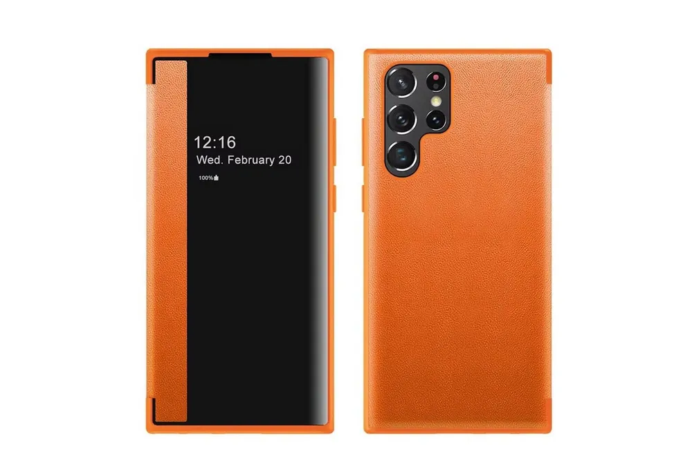 Wigento Handyhülle Für Samsung Galaxy S25 Ultra 5G Mirror View Smart Cover Hülle Orange, Spiegelansicht, Sichtfenster, Kratzschutz
