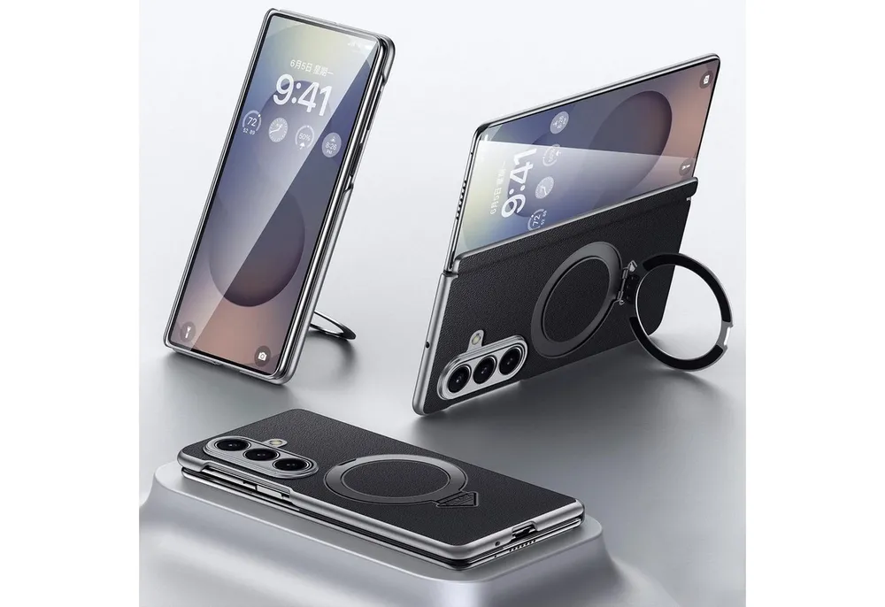 Wigento Handyhülle Für Samsung Galaxy Z Fold7 5G Leder MagSafe Ring Halter Hülle Schwarz, Hochwertiges Leder, MagSafe-kompatibel, Halter integriert