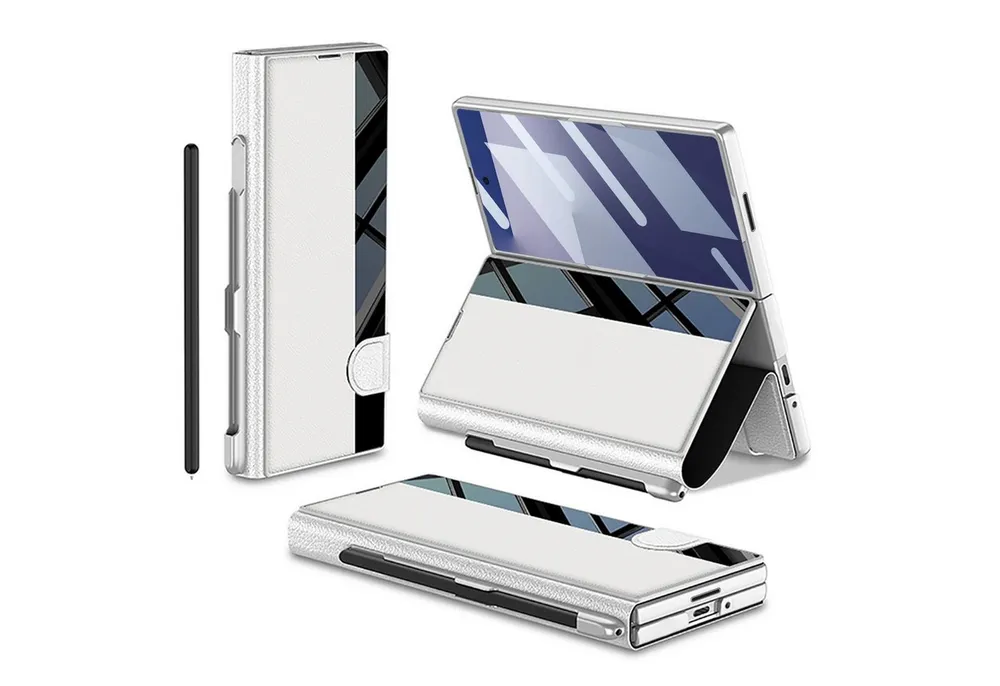 Wigento Handyhülle Für Samsung Galaxy Z Fold7 Integrierte Flip Hülle Stifthalter Silber, Flip Hülle mit Stifthalter und Standfunktion