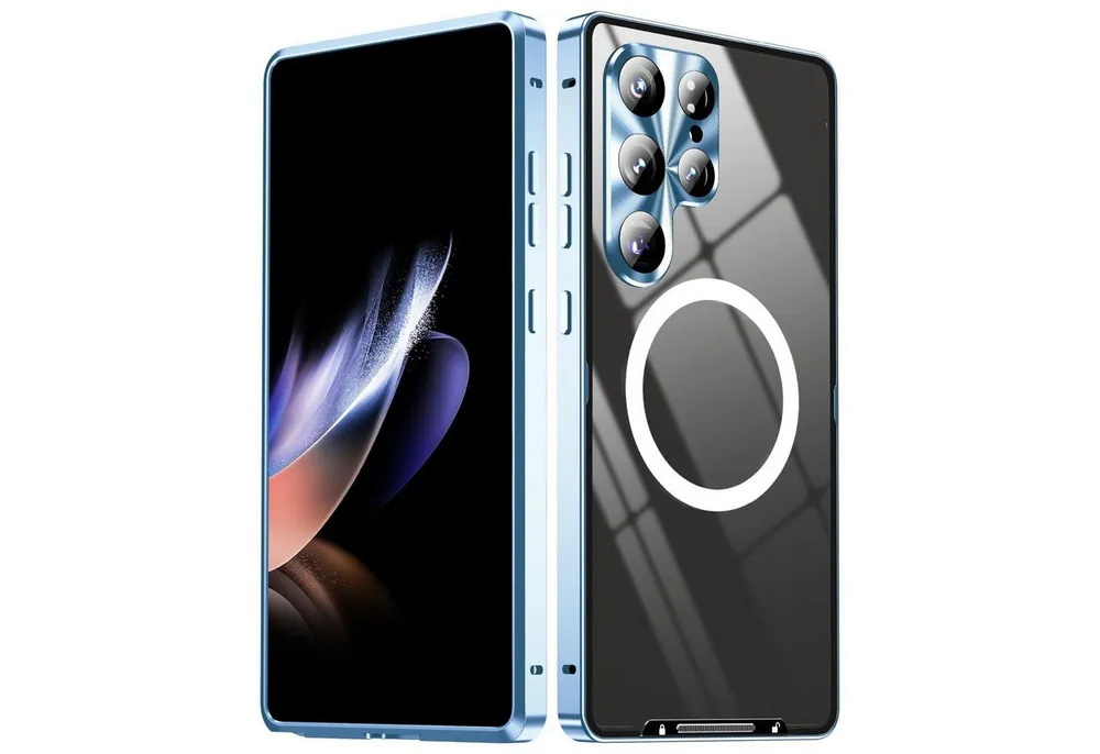 Wigento Handyhülle Für Samsung Galaxy S25 Ultra Magnetische Magsafe Metall Hülle Blau, MagSafe Metall Handyhülle mit erhöhter Schutzkante
