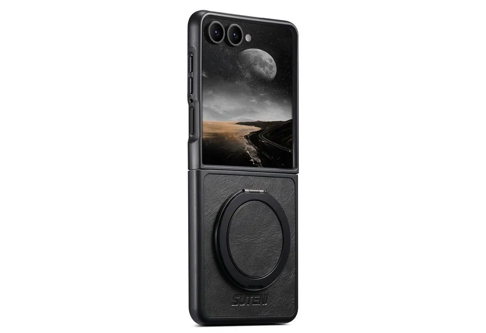 Wigento Handyhülle Für Samsung Galaxy Z Flip7 Suteni MagSafe 360 Grad Ring Hülle Schwarz, Kunstleder Hülle mit 360° Drehhalter und MagSafe-Funktion