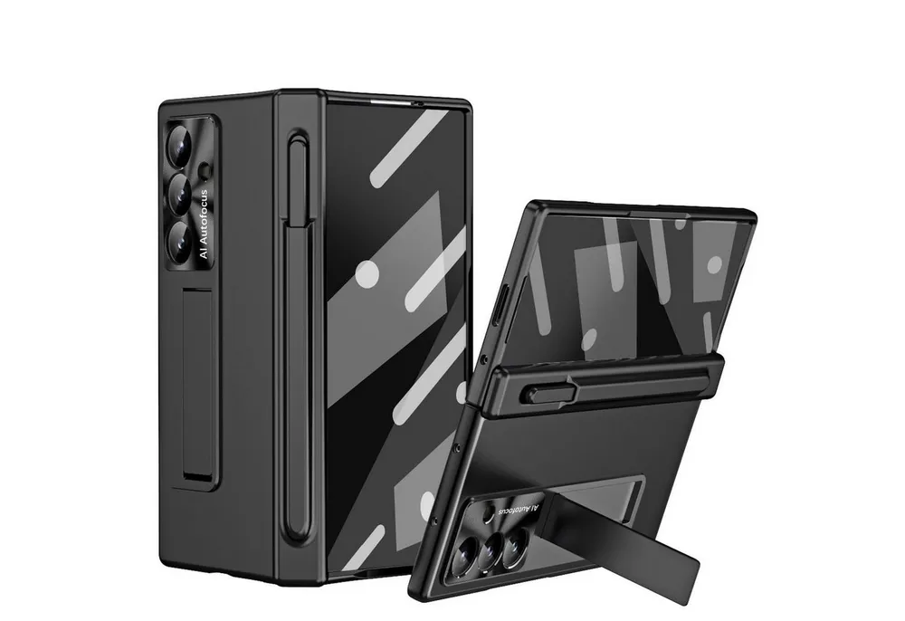 Wigento Handyhülle Für Samsung Galaxy Z Fold7 5G Hülle Stand Stifthalter u. Stift Schwarz, Hülle mit Stand- und Stifthalterung inklusive Stift