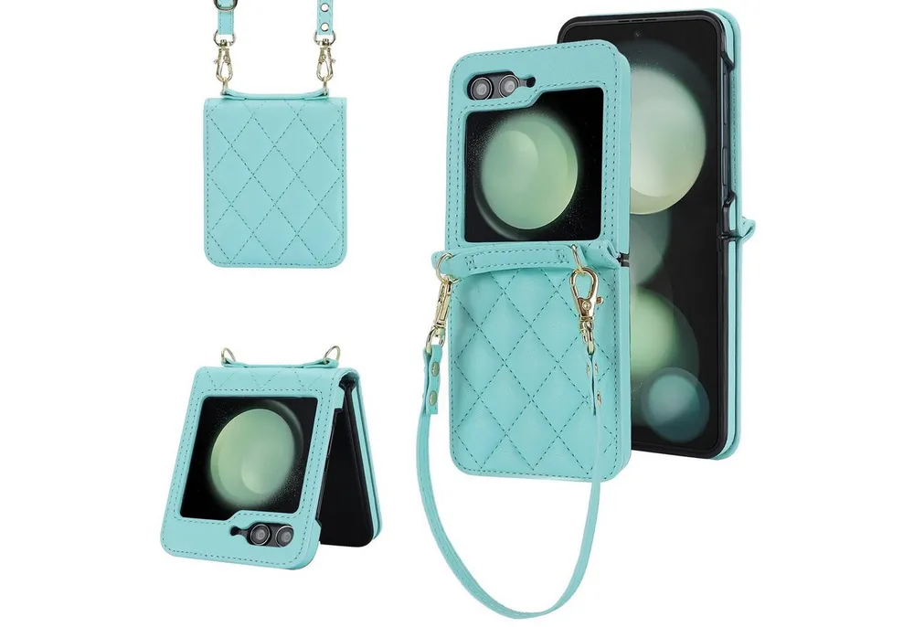 Wigento Handyhülle Für Samsung Galaxy Z Flip7 Design Schutz Hülle Rhombus Textur Türkis, Schutzhülle mit Rhombus-Textur und Lanyards