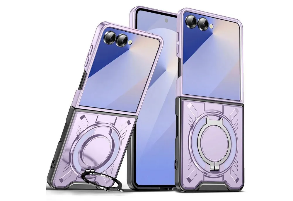 Wigento Handyhülle Für Samsung Galaxy Z Flip7 5G MagSafe 360 Grad Ringhalter Hülle Lila, MagSafe Hülle mit integriertem Ringhalter und Schutzkante