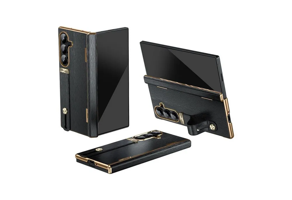 Wigento Handyhülle Für Samsung Galaxy Z Fold7 Design Leder Hülle mit Handriemen Schwarz, Leder Hülle mit einziehbarem Handriemen und integriertem Ständer