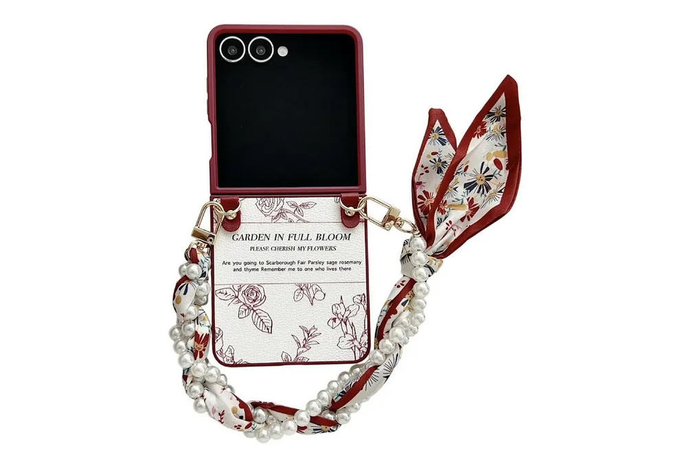 Wigento Handyhülle Für Samsung Galaxy Z Flip7 5G Blumen Hülle Halstuch und Perlenkette, Blumenmuster, Schalgriff, stoßfest