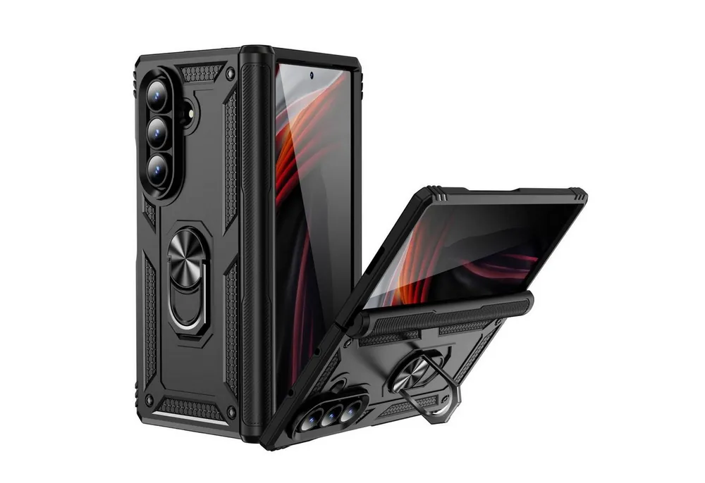 Wigento Handyhülle Für Samsung Galaxy Z Fold7 5G Magnet Ring TPU Hybrid PC Hülle Schwarz, Stoßfest, robust, 360° Ring Halter