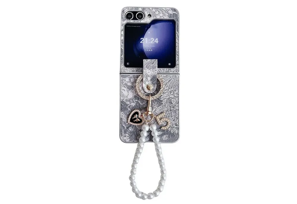 Wigento Handyhülle Für Samsung Galaxy Z Flip7 FE / Flip6 5G Hülle mit Ringperlenkette