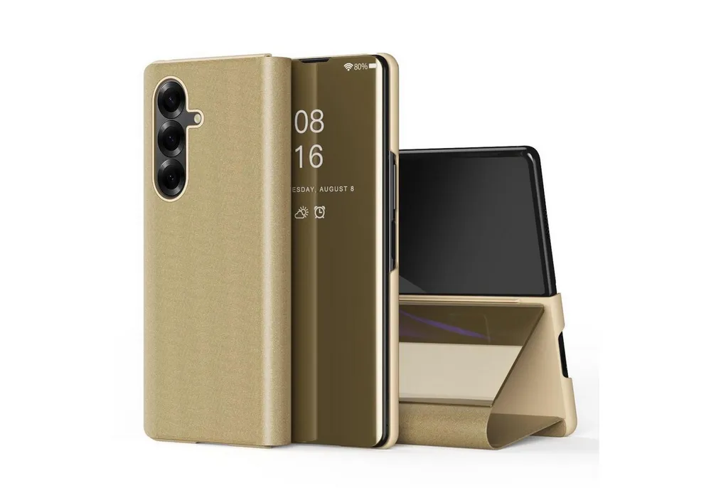 Wigento Handyhülle Für Samsung Galaxy Z Fold7 5G View Spiegel Wake UP Smart Hülle Gold, Elektroplattiertes Spiegel-Design, horizontaler Klappständer