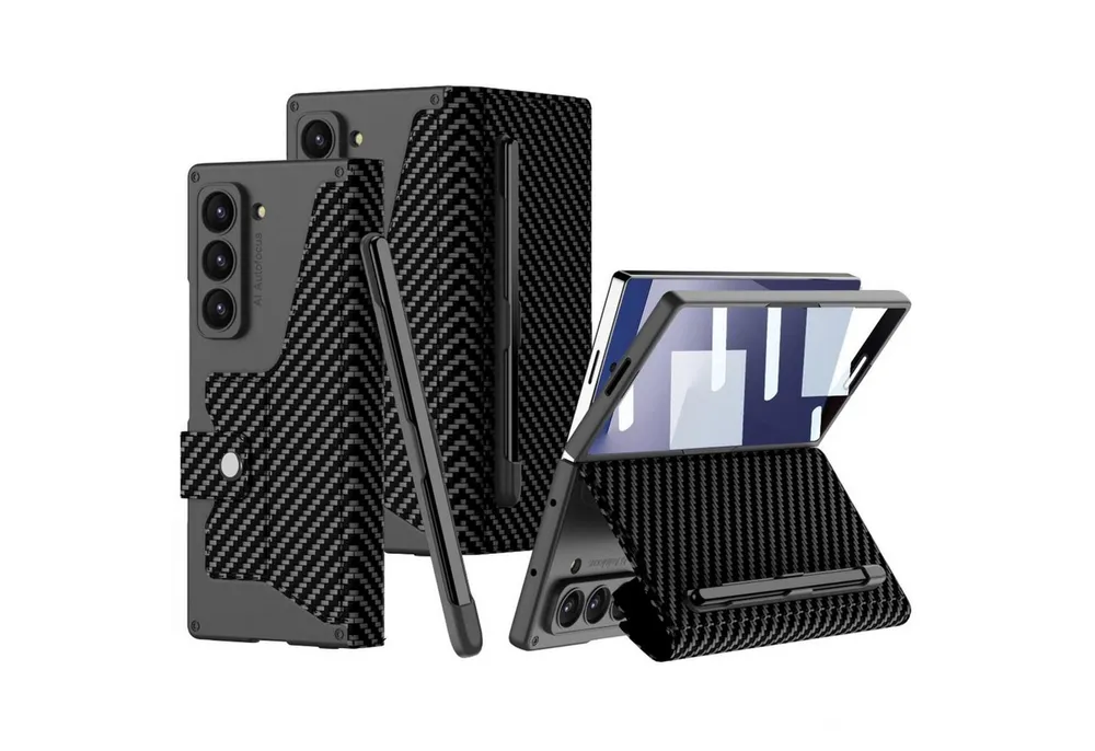 Wigento Handyhülle Für Samsung Galaxy Z Fold7 5G GKK Flip Leder Hülle Stifthalter Carbon, Flip Leder Hülle mit integriertem Stifthalter