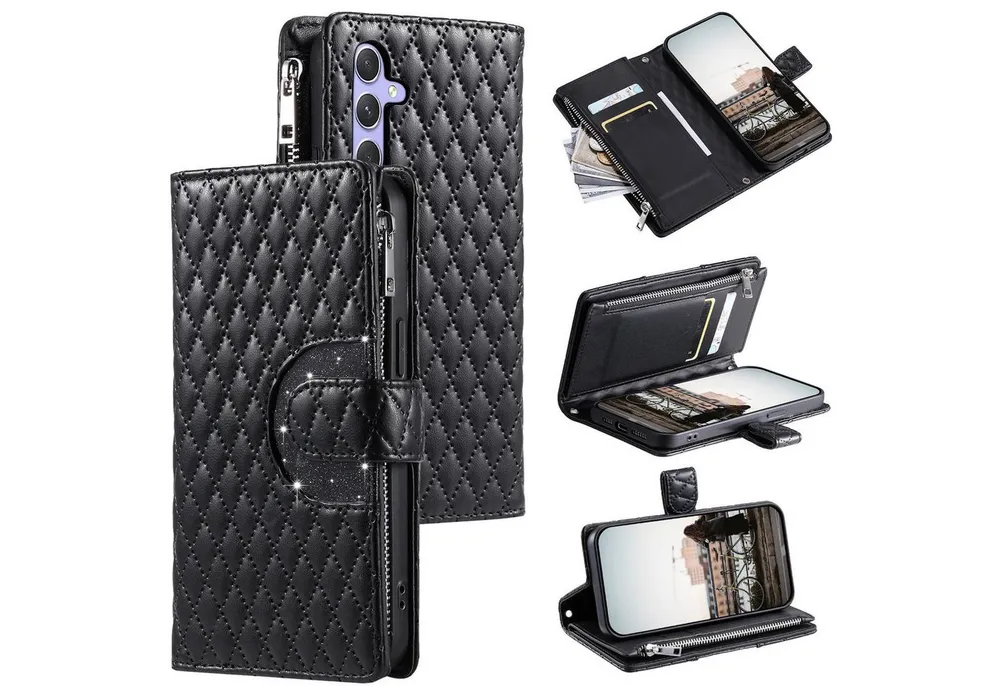 Wigento Handyhülle Für Samsung Galaxy A57 5G Kunstleder Glitzer Zipper Book Hülle Schwarz, Reißverschlussfach, Kartenfächer, Standfunktion