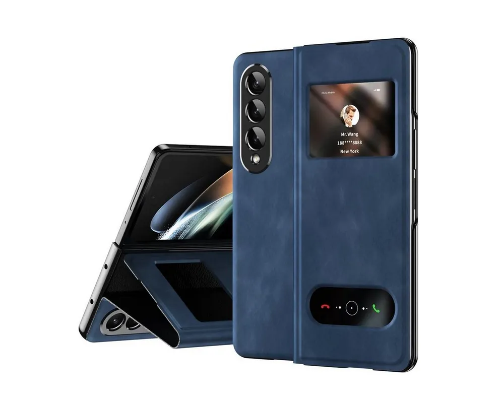 Wigento Handyhülle Für Samsung Galaxy Z Fold4 5G Window View Flip Cover Kunstleder Handy Tasche Hülle Etuis D-Blau