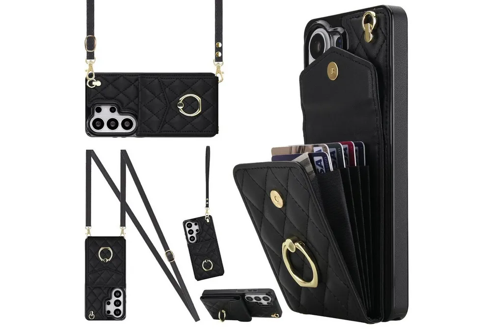 Wigento Handyhülle Klapphülle für Samsung Galaxy S26 Ultra Crossbody Kunstleder Schwarz 6,9 Zoll, Mit Kartenfächern, RFID-Schutz, Gurt