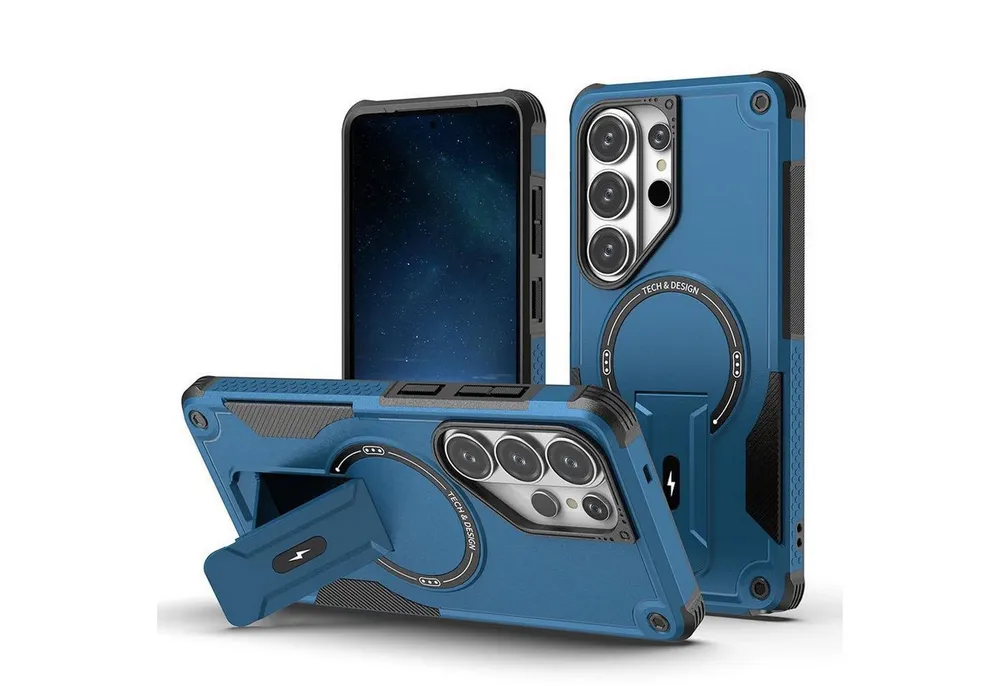 Wigento Handyhülle MagSafe Armor für Samsung Galaxy S26 Ultra mit Halterung Dunkelblau 6,9 Zoll, MagSafe, Ringhalter, Standfunktion