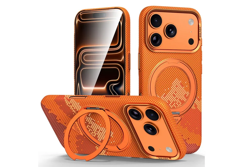 Wigento Handyhülle MagSafe Drehkippständer Muster Apple iPhone 17 Pro Max Orange 6,86 Zoll, Magnetisch, Durchsichtig, Stoßfest