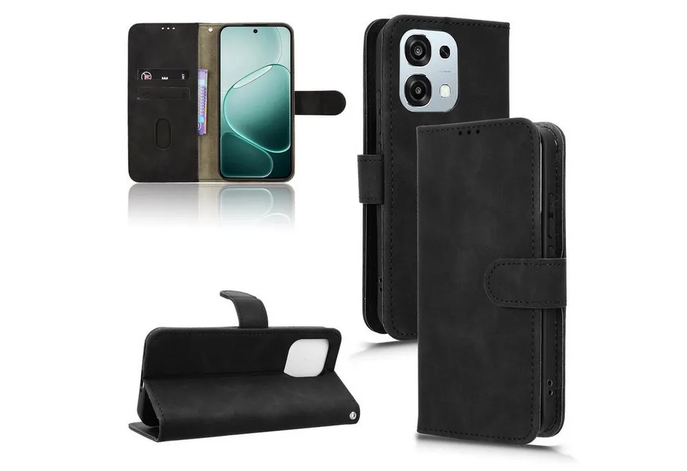Wigento Smartphone-Hülle Für Oppo A6 Pro 4G / 5G Kunstleder Skin Feel Book Wallet Hülle Schwarz, Magnetisch, Kartenhalter, Standfunktion