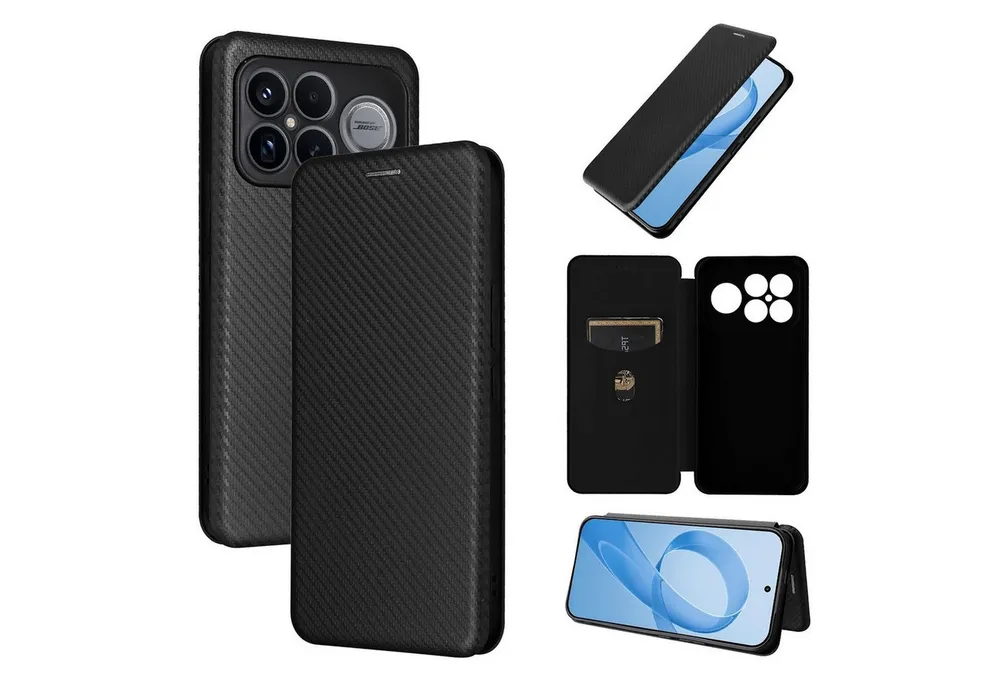 Wigento Smartphone-Hülle Für Xiaomi Poco F8 Ultra Carbon Textur Design Flip Schutzhülle Schwarz, Carbon Faser Flip Schutzhülle mit Kartenfach und Ständer