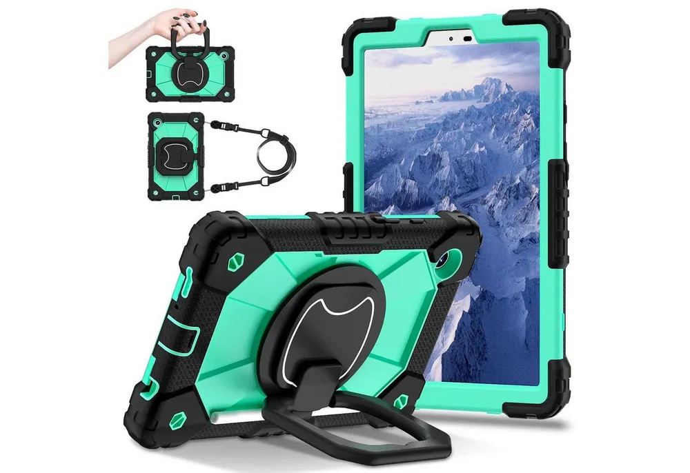 Wigento Tablet-Hülle Für Samsung Galaxy Tab A11 Hybrid Hülle Halter & Schultergurt Türkis, Hybrid Schutzhülle Smart Case Cover mit Schultergurt