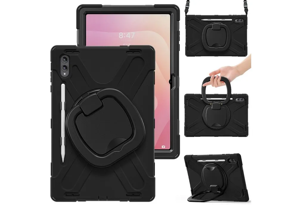 Wigento Tablet-Hülle Für Samsung Galaxy Tab S11 Ultra Hybrid Hülle Halter & Gurt Schwarz, 360° drehbar, stoßfest, Schultergurt