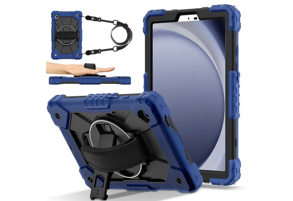 Wigento Tablet-Hülle Für Samsung Galaxy Tab A11 Hybrid Hülle mit Halter & Schultergurt Blau, Hybrid Schutzhülle Smart Case Cover mit Schultergurt