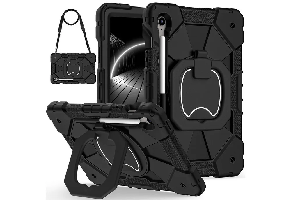 Wigento Tablet-Hülle Für Samsung Galaxy Tab S10 Lite / S10 FE Hybrid Hülle Halter Schwarz, Hybrid Schutzhülle Smart Case Cover mit Schultergurt