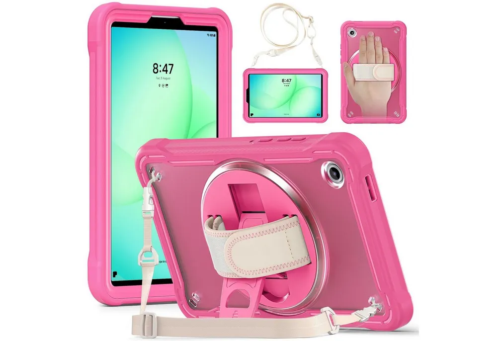 Wigento Tablet-Hülle Für Samsung Galaxy Tab A11 360 Grad Rotation Heavy Hybrid Hülle Pink, Handgriff, Standfunktion, Schultergurt