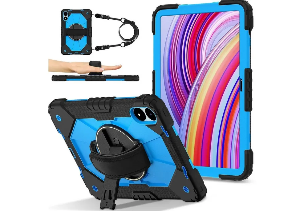 Wigento Tablet-Hülle Für Xiaomi Redmi Pad Pro 12.1 Robot Design Silikon Hybrid Hülle Blau, Hybrid Schutzhülle Smart Case Cover mit Schultergurt