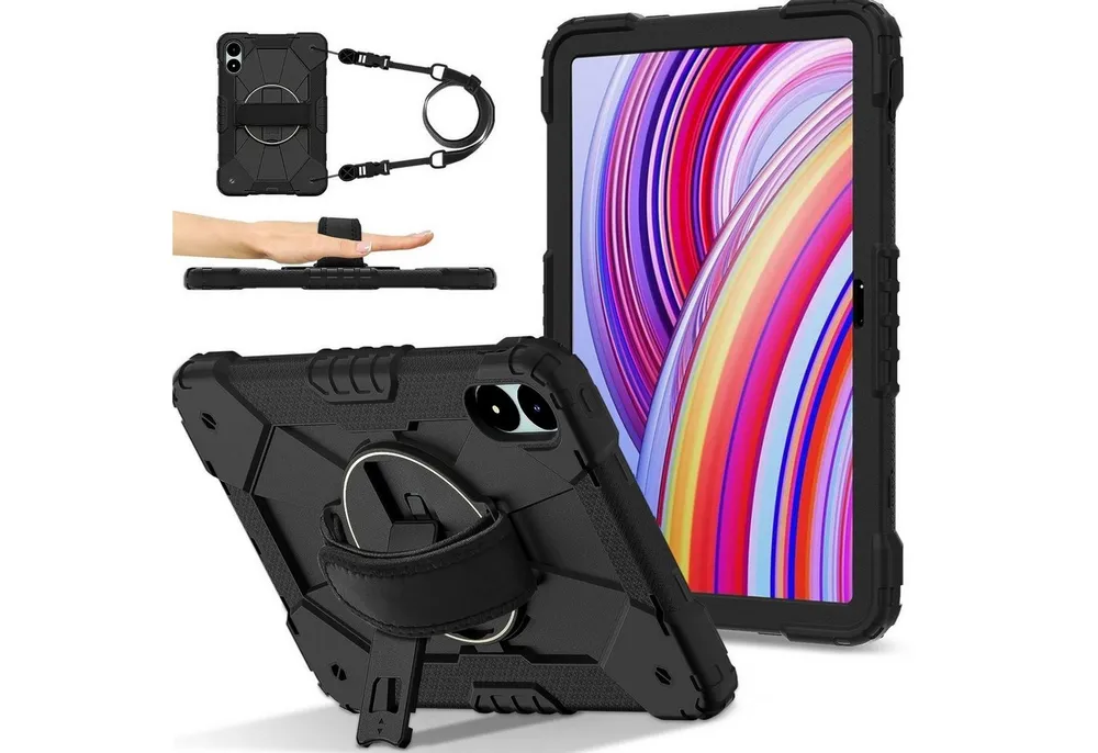 Wigento Tablet-Hülle Für Xiaomi Redmi Pad Pro 12.1 Robot Silikon Hybrid PC Hülle Schwarz, Hybrid Schutzhülle Smart Case Cover mit Schultergurt