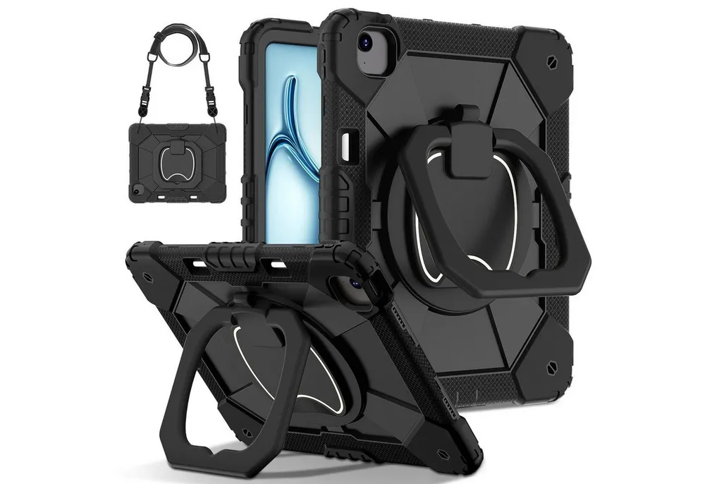 Wigento Tablet-Hülle Kunststoff für Apple iPad Air 13 2026 / 2025 Robuste Hybrid Schwarz 13 Zoll, Hybrid Schutzhülle Smart Case Cover mit Schultergurt