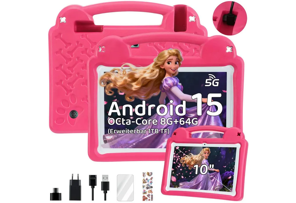 WILGOON 10.1'' Kids Android 15 mit Stylus Tablet A523 Octa Core bis 2.0 GHz HD Tablet (10.1", 64 GB, Android 15, 2.4G+5G WIFI6, 6000 mAh mit WiFi 6 Bluetooth 5.0 GMS mit Tasche+Sticker für Kinder)