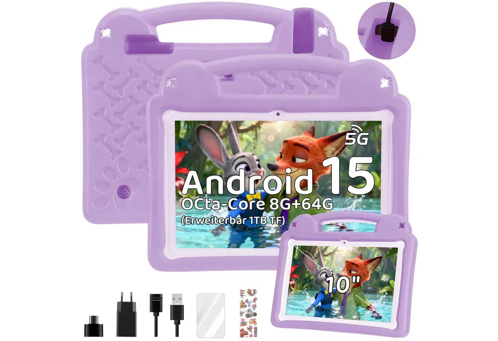 WILGOON 10.1'' Kids Android 15 mit Stylus Tablet A523 Octa Core bis 2.0 GHz HD Tablet (10.1", 64 GB, Android 15, 2.4G+5G WIFI6, 6000 mAh mit WiFi 6 Bluetooth 5.0 GMS mit Tasche+Sticker für Kinder)