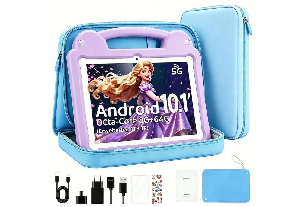 WILGOON 10.1'' Kids Android 15 mit Stylus Tablet A523 Octa Core bis 2.0 GHz HD Tablet (10.1", 64 GB, Android 15, 2.4G+5G WIFI6, 6000 mAh mit WiFi 6 Bluetooth 5.0 GMS mit Tasche+Sticker für Kinder)