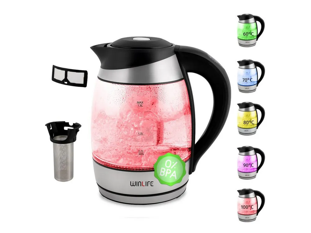 WINLIFE Wasserkocher Glaswasserkocher 1,8L Temperatureinstellung Temperaturwahl 60-100°C, 1.8 l, 2200.00 W, Glas Wasserkocher 2200 Watt mit LED-Temperaturanzeige & Teesiebeinsatz