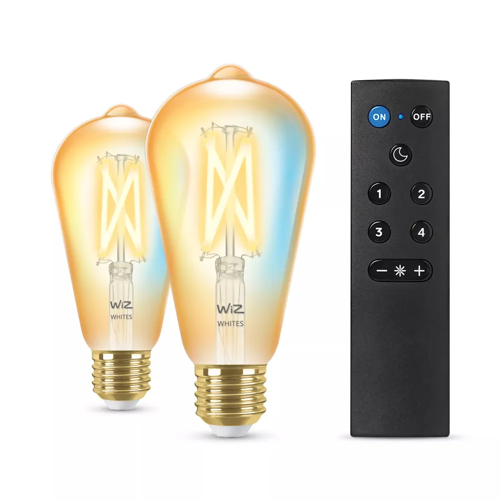WiZ 50W E27 Edisonform Filament Amber Warm- und Kaltweiß 2er-Pack inkl. Fernbedienung - Weiß