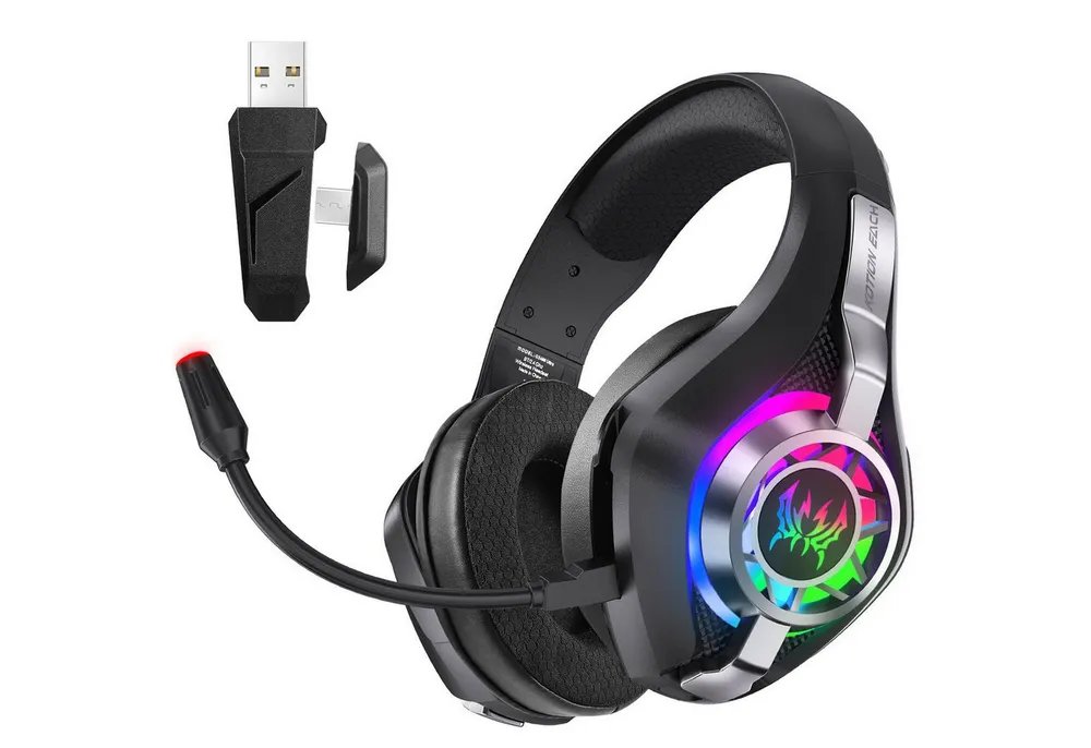 wohnTRAUM24 2.4G Wireless Gaming Headset für PC/PS5/PS4/Xbox, Kabelloses Kopfhörer Gaming-Headset (Rauschunterdrückung, Headset Mit Mikrofon Geräuschunterdrückung, HiFi-Stereo-Klangqualität, 1000 mAh Akku für über 35 Stunden Laufzeit (ohne Beleuchtung)