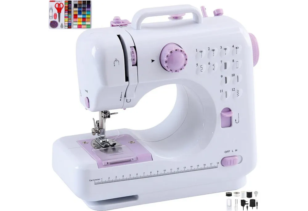 wohnTRAUM24 Nähmaschine Nähmaschine für Anfänger, 12 Stichprogrammen, Elektrische Nähmaschinen, 12 Programme, Doppellinien,Freiarm-Nähmaschine mit LED-Nählicht,Fußpedal,Nähset